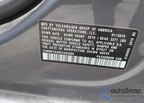 2013 Volkswagen Passat 2.5L Se из США, поврежденный, VIN 1VWBP7A36DC082985